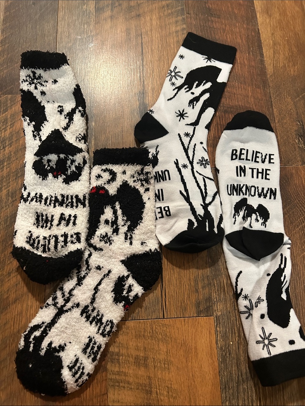 Mothman Black & White Graphic Crew and Fuzzy Socks - Believe in the Unknown